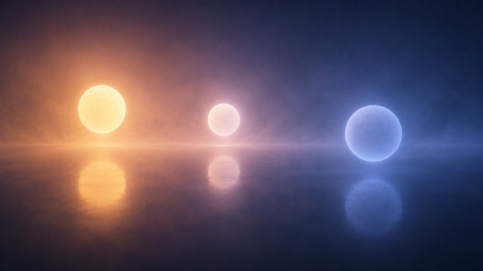 Three luminous seasonal orbs arranged in a wide cinematic frame